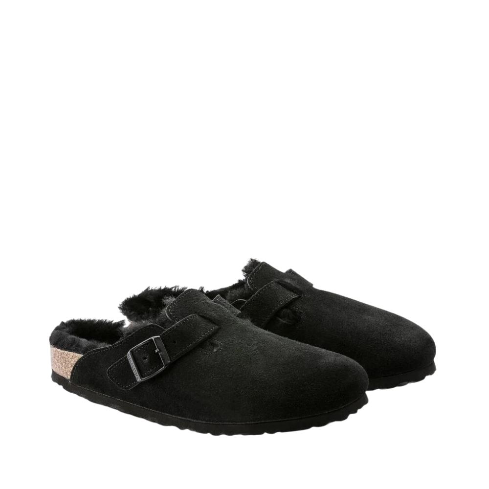 Birkenstock Boston Shearling Suede Leather/Fur Clog - Black