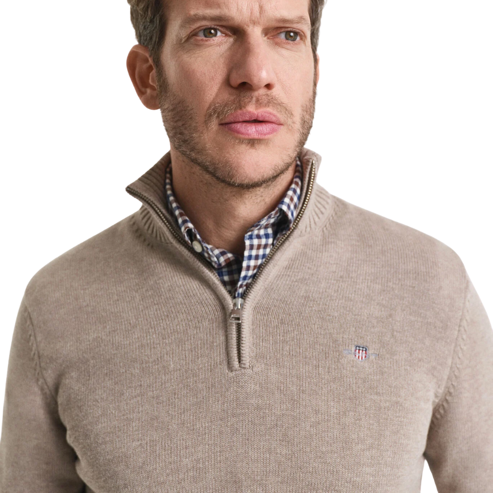 GANT Casual Cotton Half Zip - Dark Sand Melange