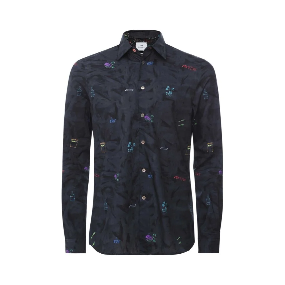 PS LS Tailored Fit Print Shirt - Navy