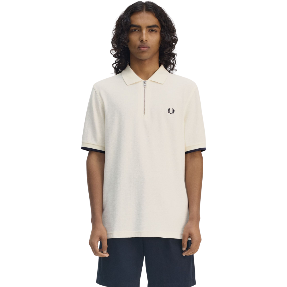 Fred Perry Crepe Pique Zip Neck Shirt - Ecru
