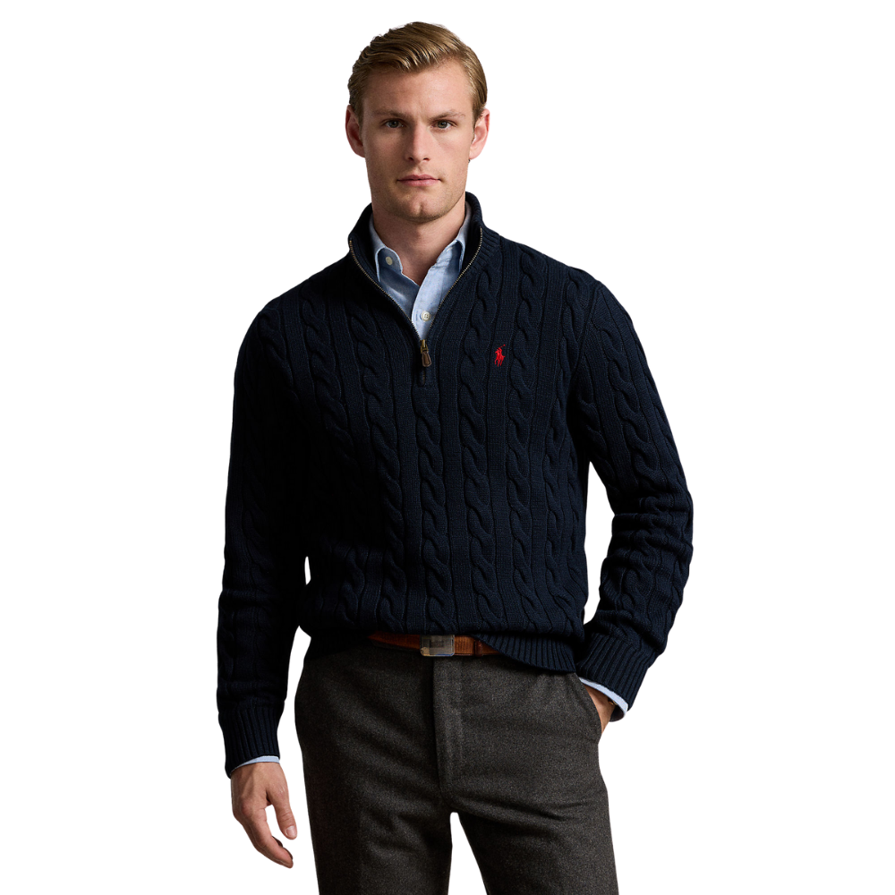 Ralph Lauren Cable Knit Cotton Quarter Zip Sweater - Hunter Navy