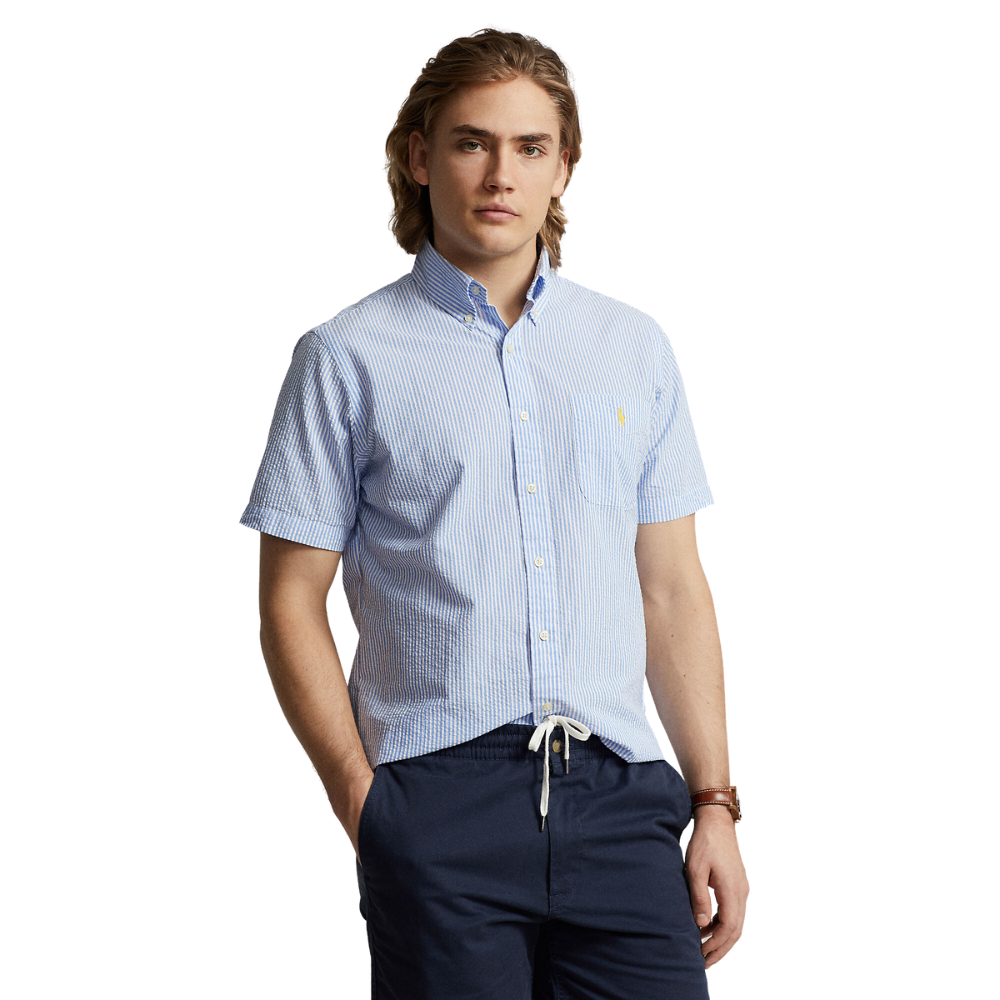 Ralph Lauren Custom SS Stripe Seersucker Shirt - Blue/White