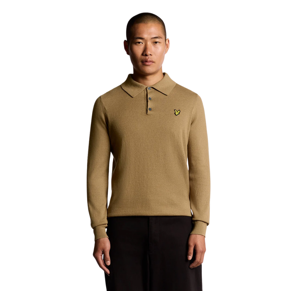 Lyle & Scott Cotton Merino Long Sleeve Knitted Polo - Tigers Eye
