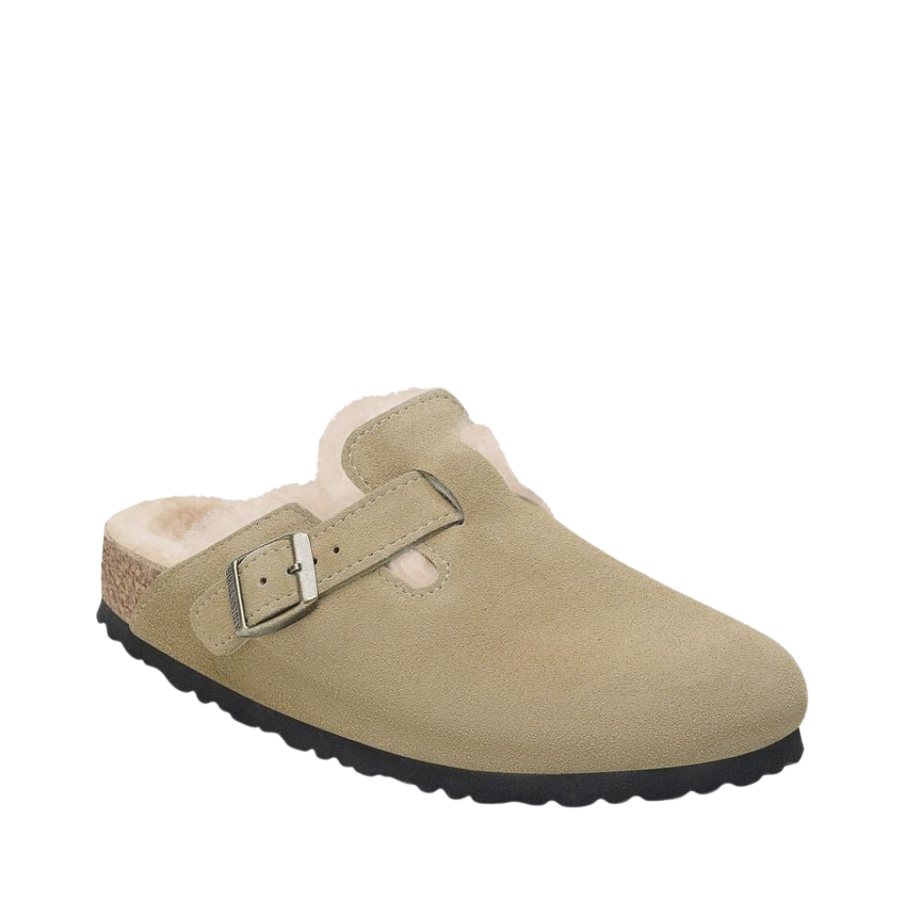 Birkenstock Boston Shearling Suede Leather/Fur Clog - Taupe