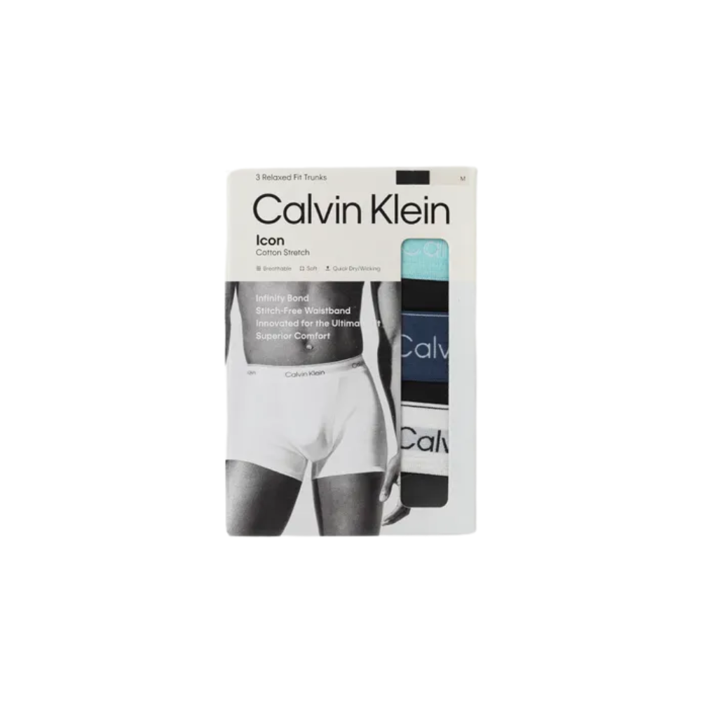 Calvin Klein Icon Cotton Stretch Relaxed Fit Trunk 3PK - White/Turqouise/Navy