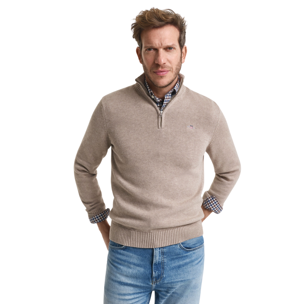 GANT Casual Cotton Half Zip - Dark Sand Melange