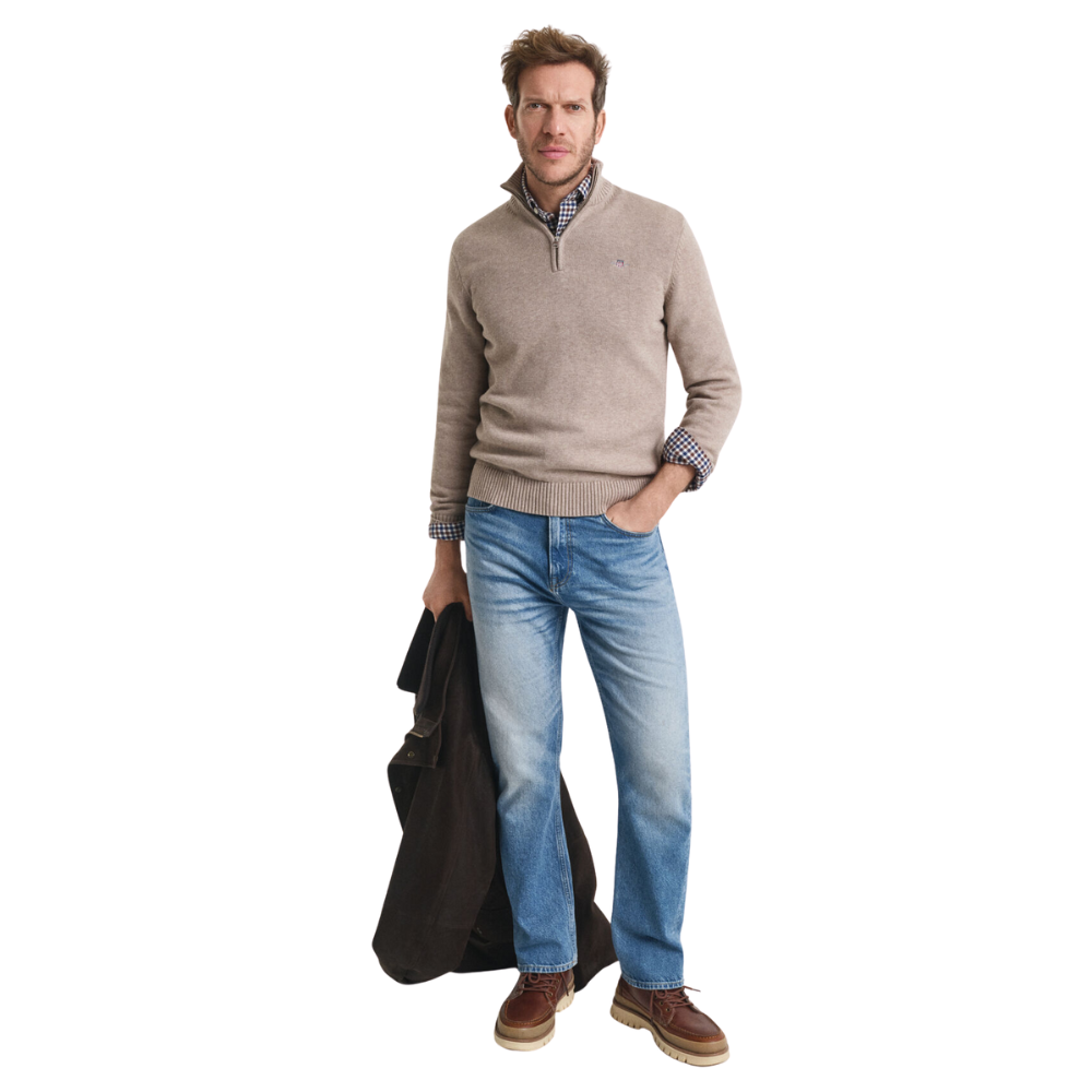 GANT Casual Cotton Half Zip - Dark Sand Melange