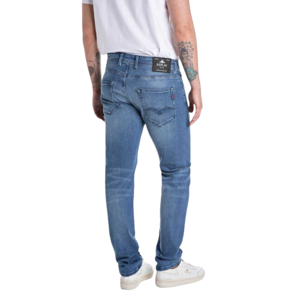 Replay Grover Straight Power Stretch Denim - Mid Blue