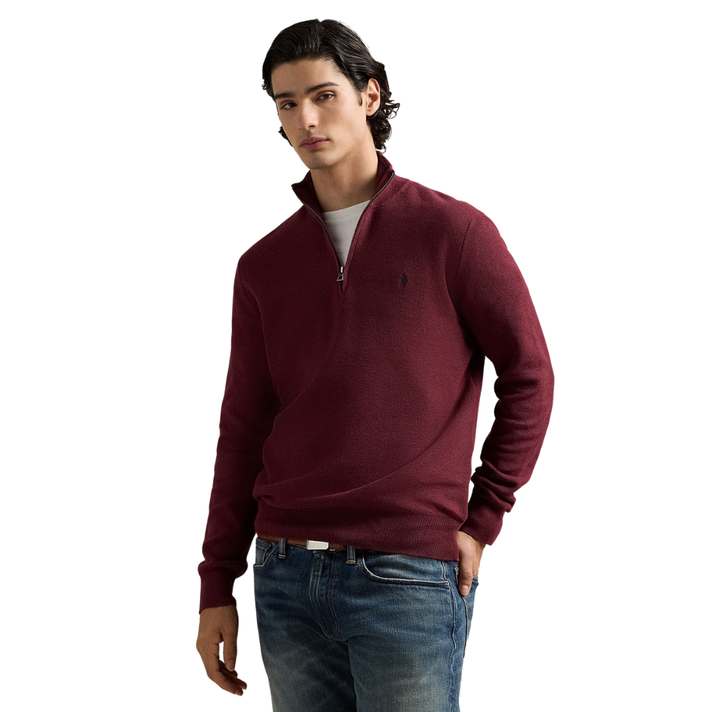 Ralph Lauren Mesh-Knit Cotton Quarter Zip - Red Wine