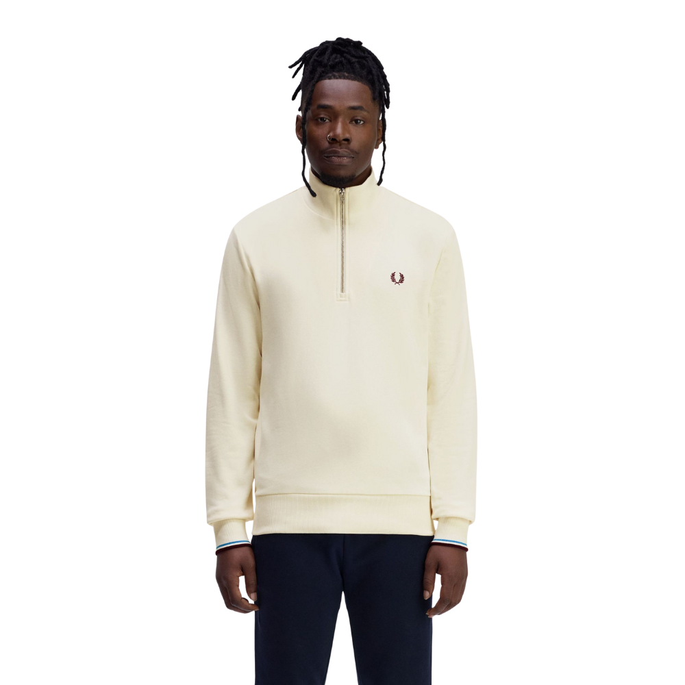 Fred Perry Half Zip Sweatshirt - Ecru/Oxblood