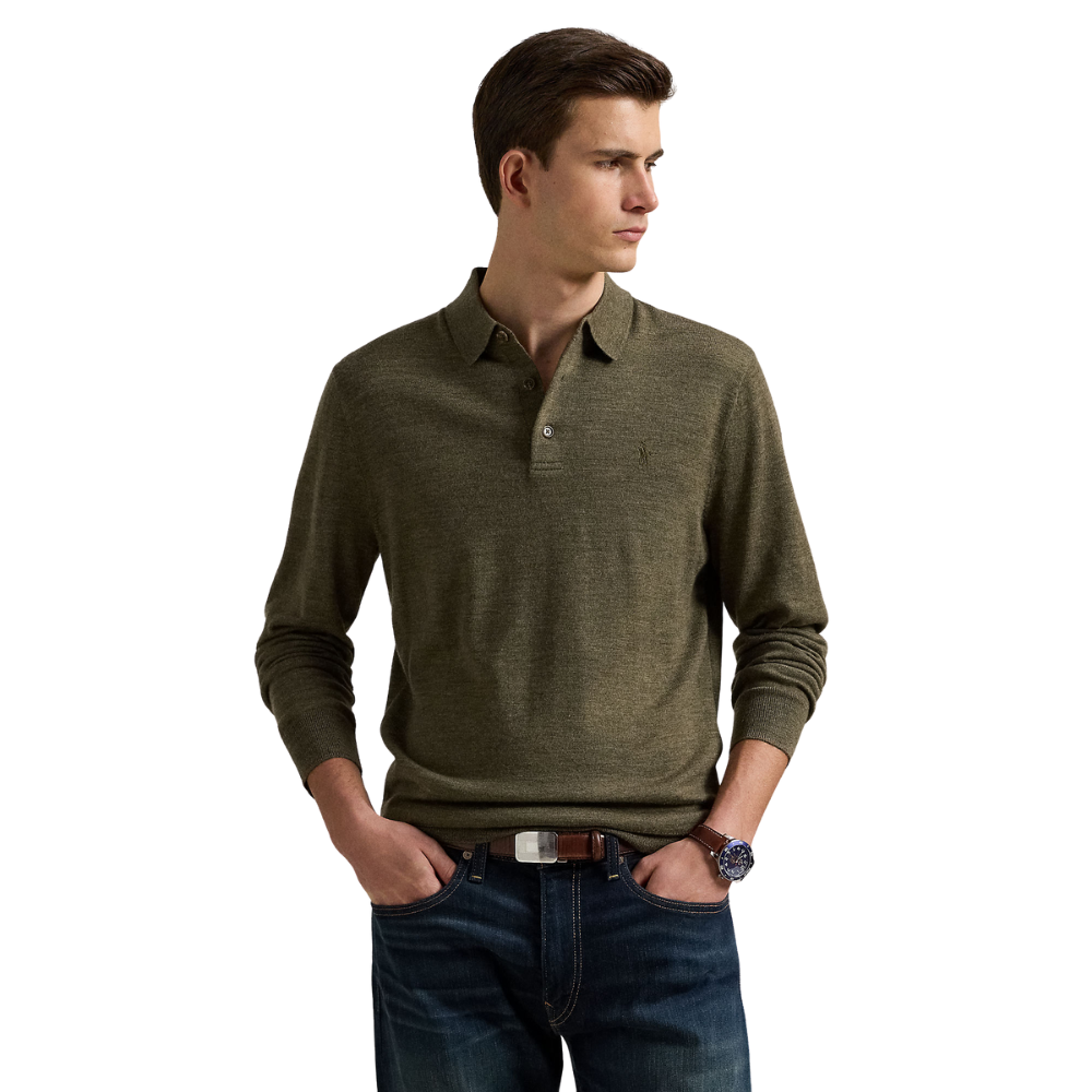 Ralph Lauren Washable Wool Polo Collar Sweater - Cargo Olive Heather