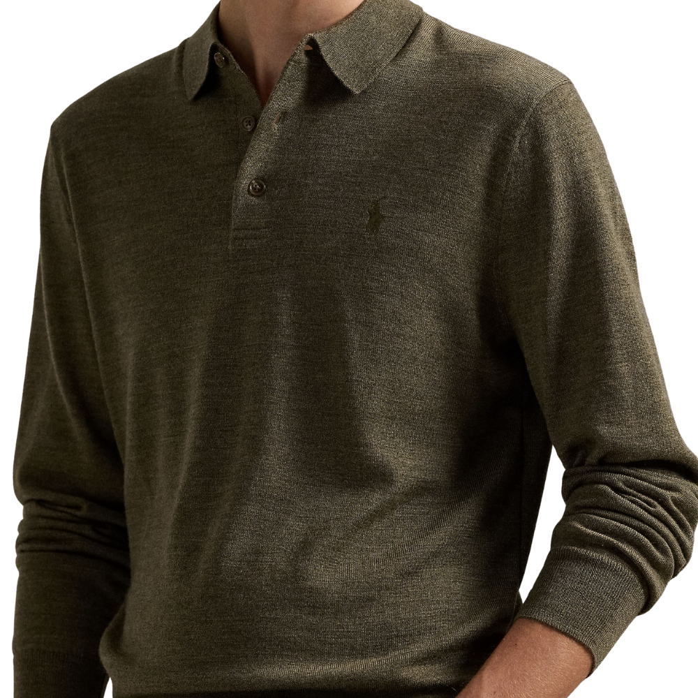 Ralph Lauren Washable Wool Polo Collar Sweater - Cargo Olive Heather